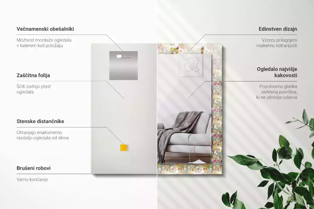 Négyszögletes dísztükör színes pillangók és virágok mintával