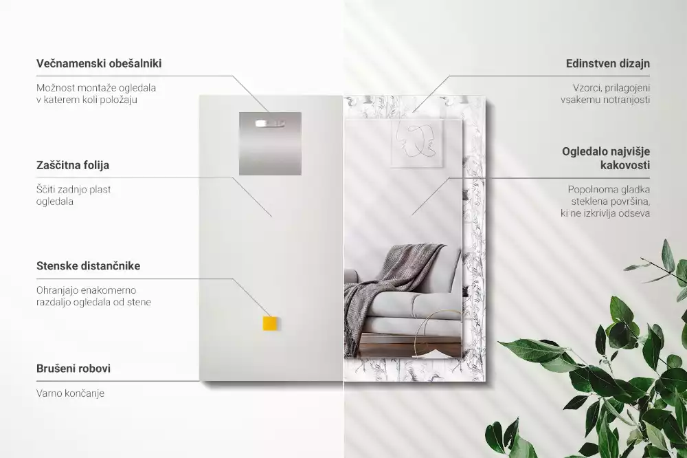 Négyszögletes fali tükör darvak és bambuszok mintával