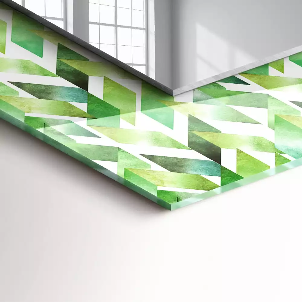 Négyszögletes tükör zöld geometriai mintás díszítéssel