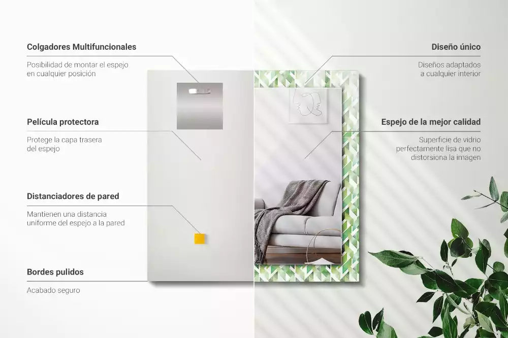 Négyszögletes tükör zöld geometriai mintás díszítéssel