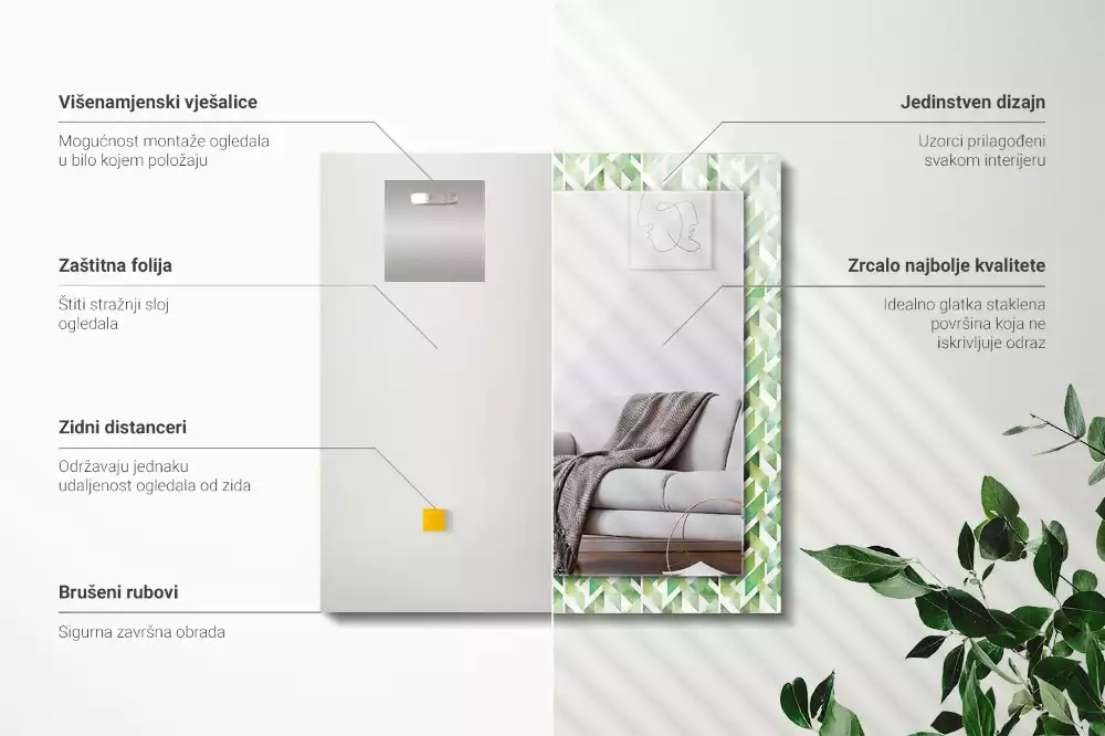 Négyszögletes tükör zöld geometriai mintás díszítéssel