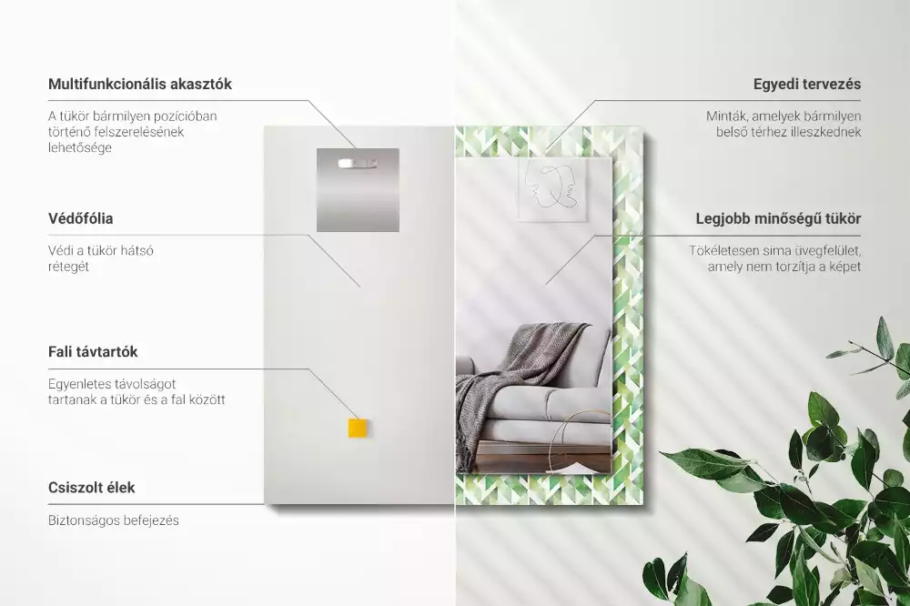 Négyszögletes tükör zöld geometriai mintás díszítéssel