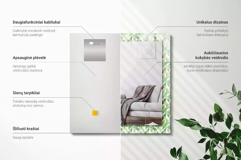 Négyszögletes tükör zöld geometriai mintás díszítéssel