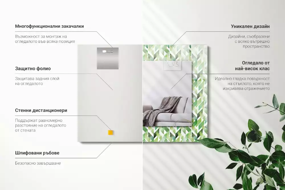 Négyszögletes tükör zöld geometriai mintás díszítéssel