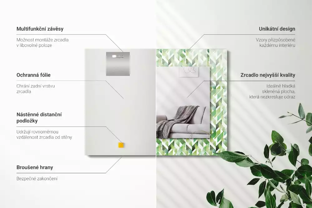 Négyszögletes tükör zöld geometriai mintás díszítéssel