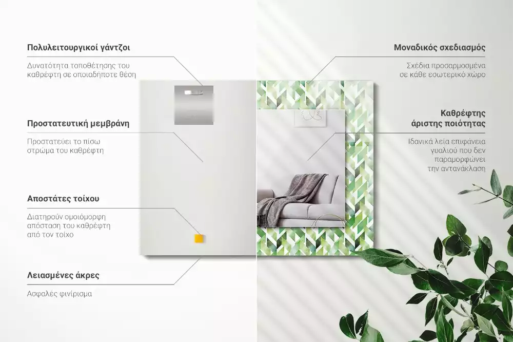 Négyszögletes tükör zöld geometriai mintás díszítéssel