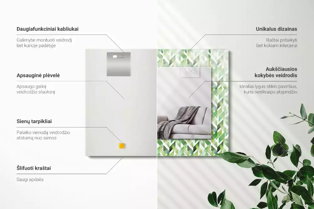 Négyszögletes tükör zöld geometriai mintás díszítéssel