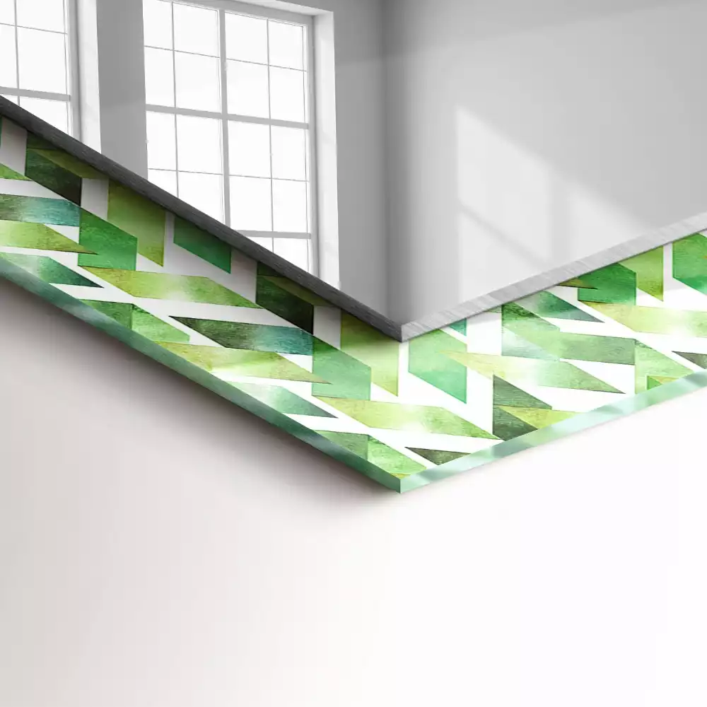 Négyszögletes tükör zöld geometriai mintás díszítéssel