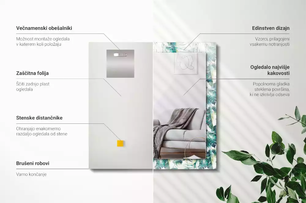 Négyszögletes dísztükör zöld trópusi levelek mintával