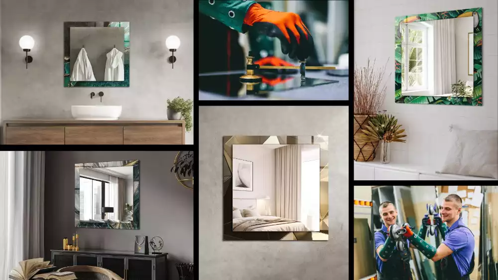 Négyszögletes dísztükör zöld trópusi levelek mintával