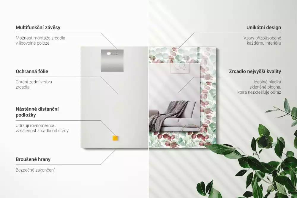 Négyszögletes fali tükör akvarell levelek mintával
