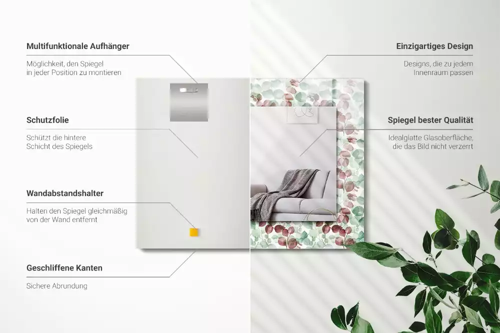 Négyszögletes fali tükör akvarell levelek mintával