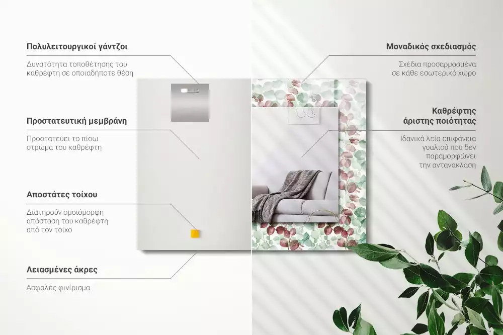 Négyszögletes fali tükör akvarell levelek mintával
