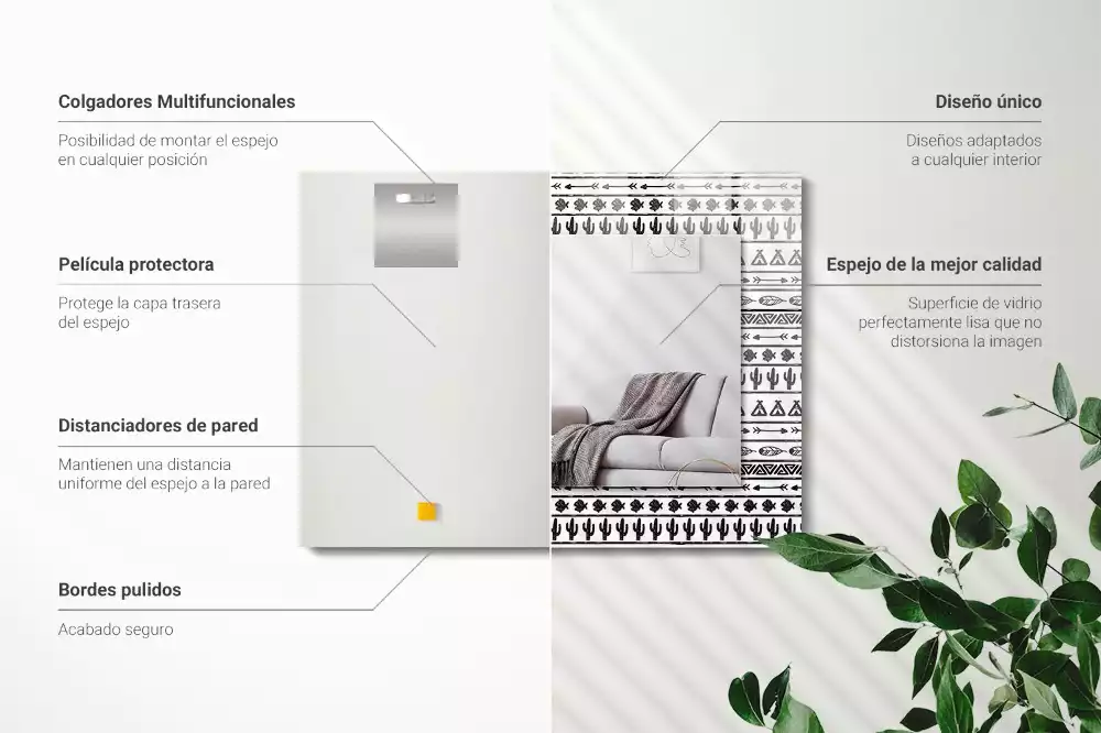 Négyszögletes kaktuszos, nyilas és teepee mintás dísztükör