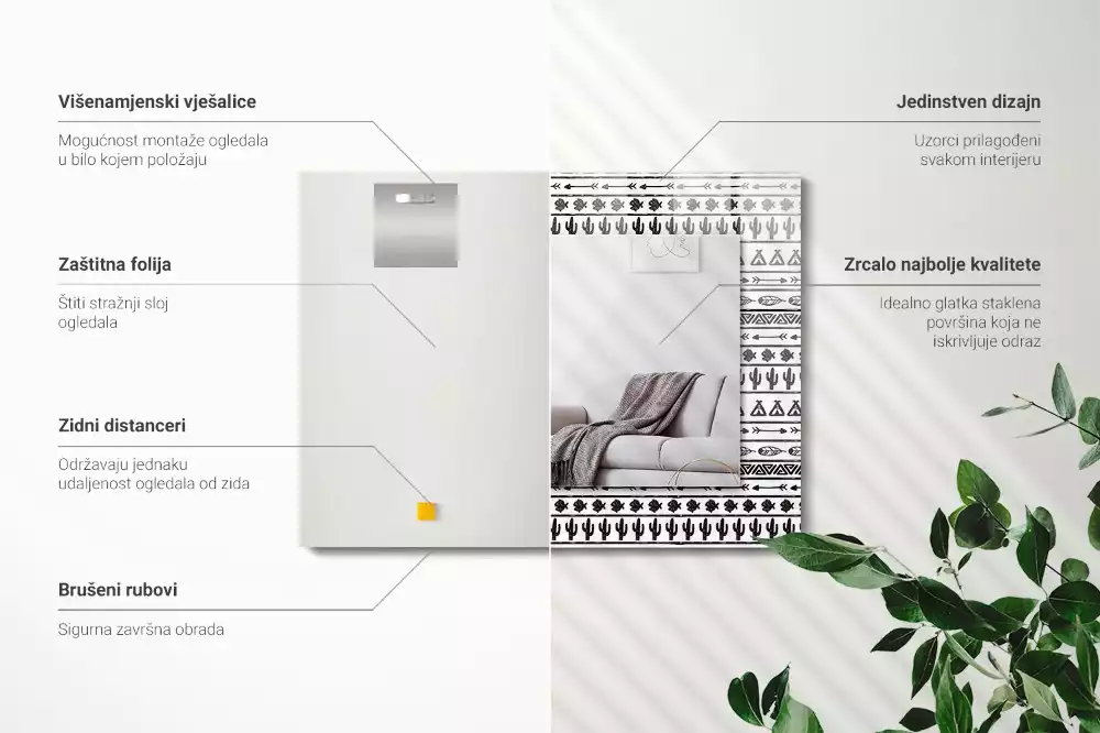 Négyszögletes kaktuszos, nyilas és teepee mintás dísztükör