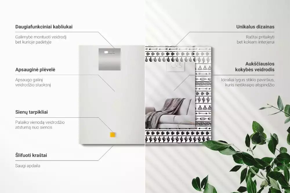 Négyszögletes kaktuszos, nyilas és teepee mintás dísztükör
