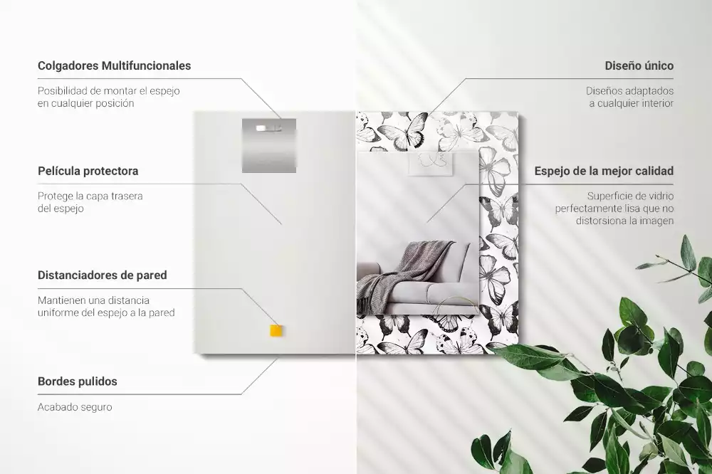 Négyszögletes dísztükör fekete-fehér pillangós mintával