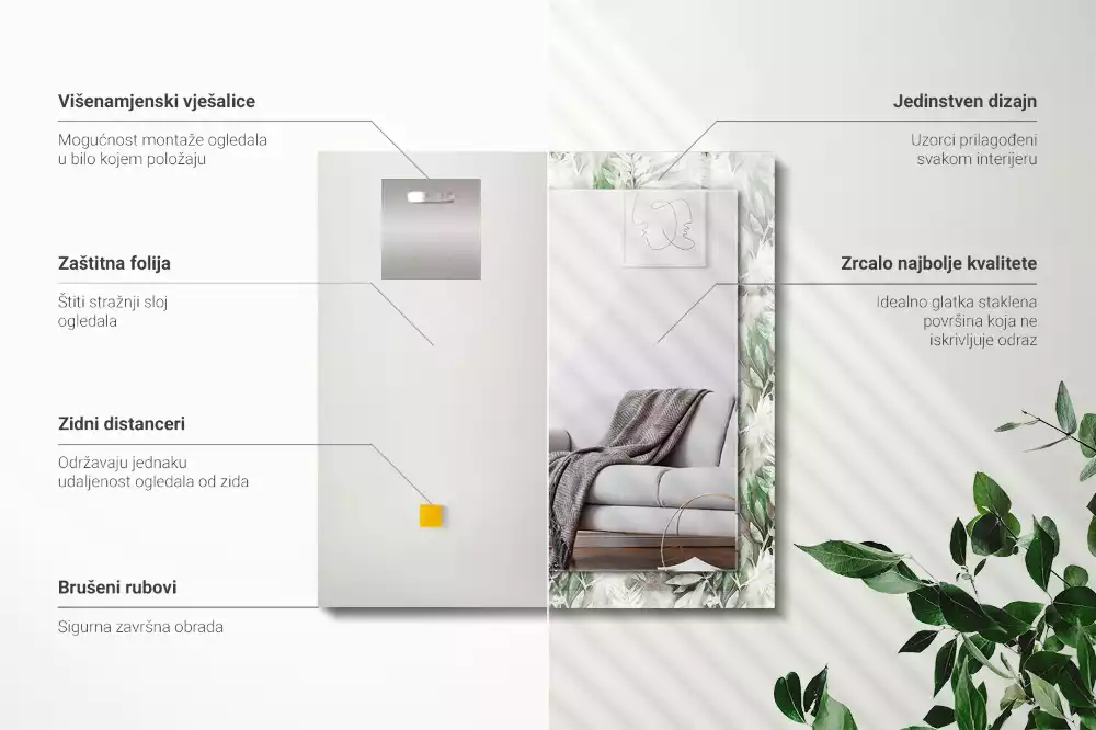 Négyszögletes fali tükör zöld levélmintás dekorációval