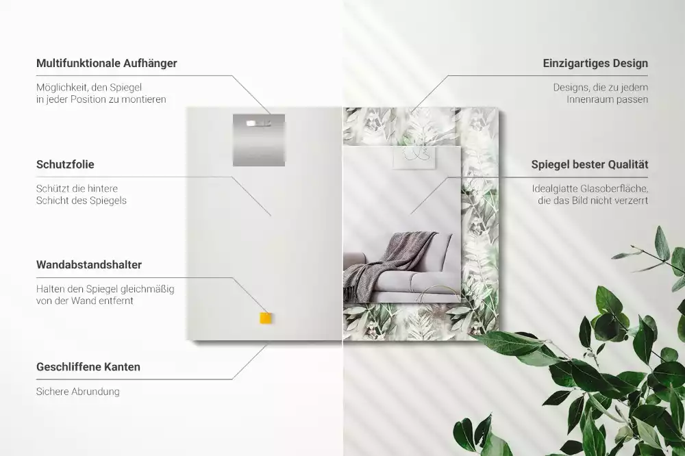 Négyszögletes fali tükör zöld levélmintás dekorációval
