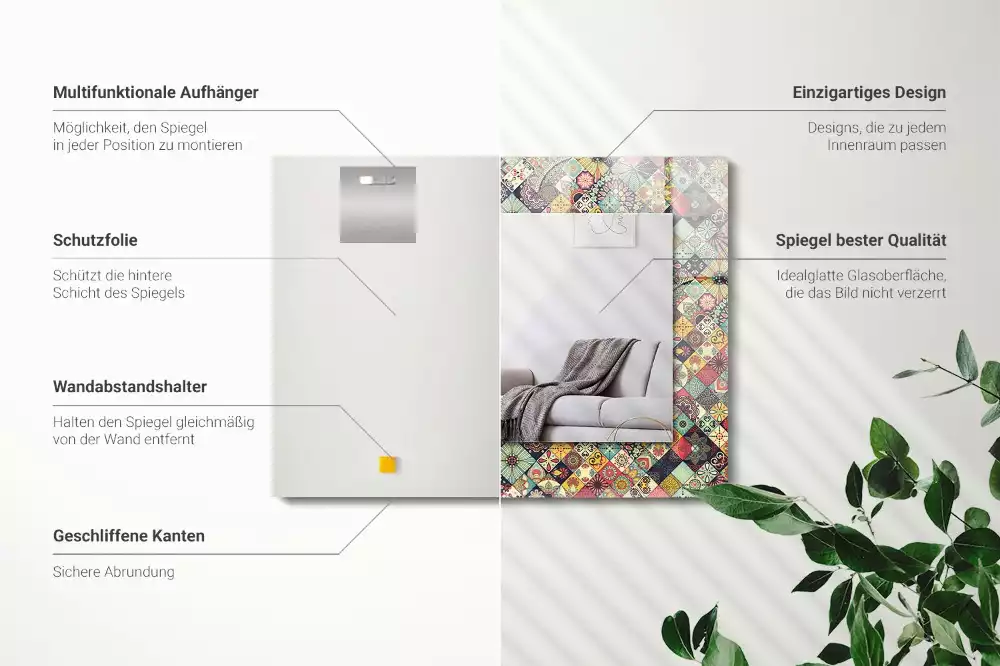 Négyszögletes díszes tükör színes patchwork mintákkal