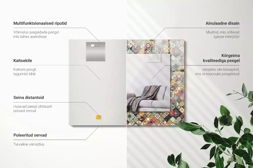 Négyszögletes díszes tükör színes patchwork mintákkal
