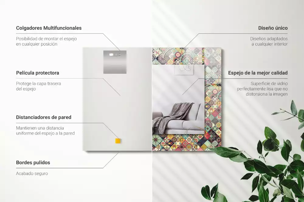 Négyszögletes díszes tükör színes patchwork mintákkal