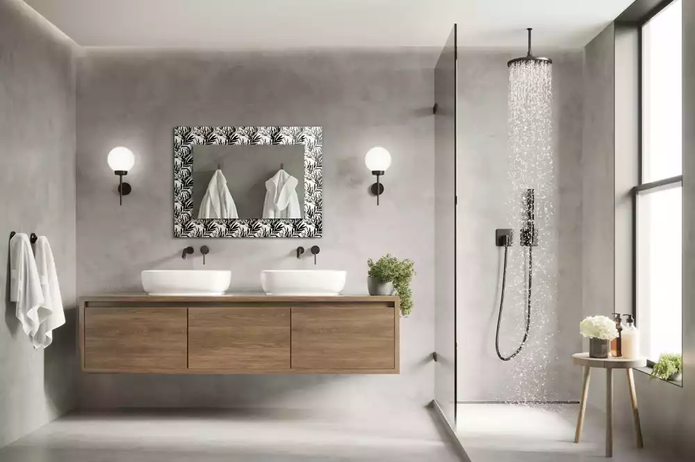 Négyszögletes fali tükör fekete-fehér leveles mintás díszítéssel