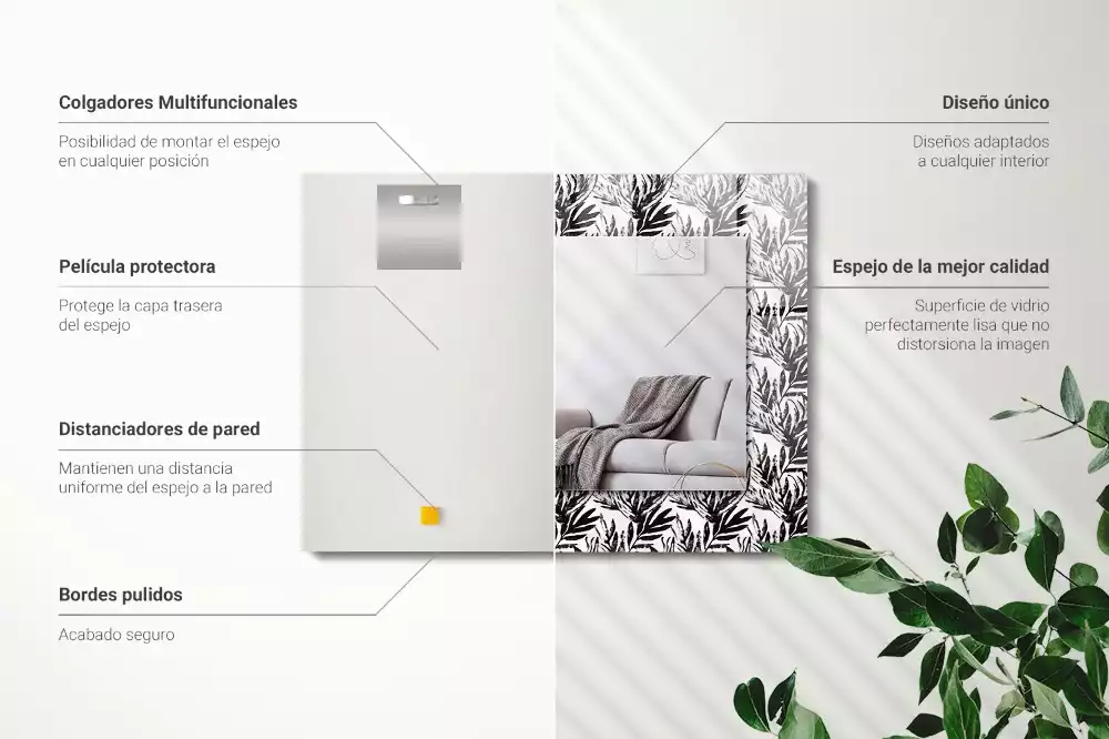 Négyszögletes fali tükör fekete-fehér leveles mintás díszítéssel