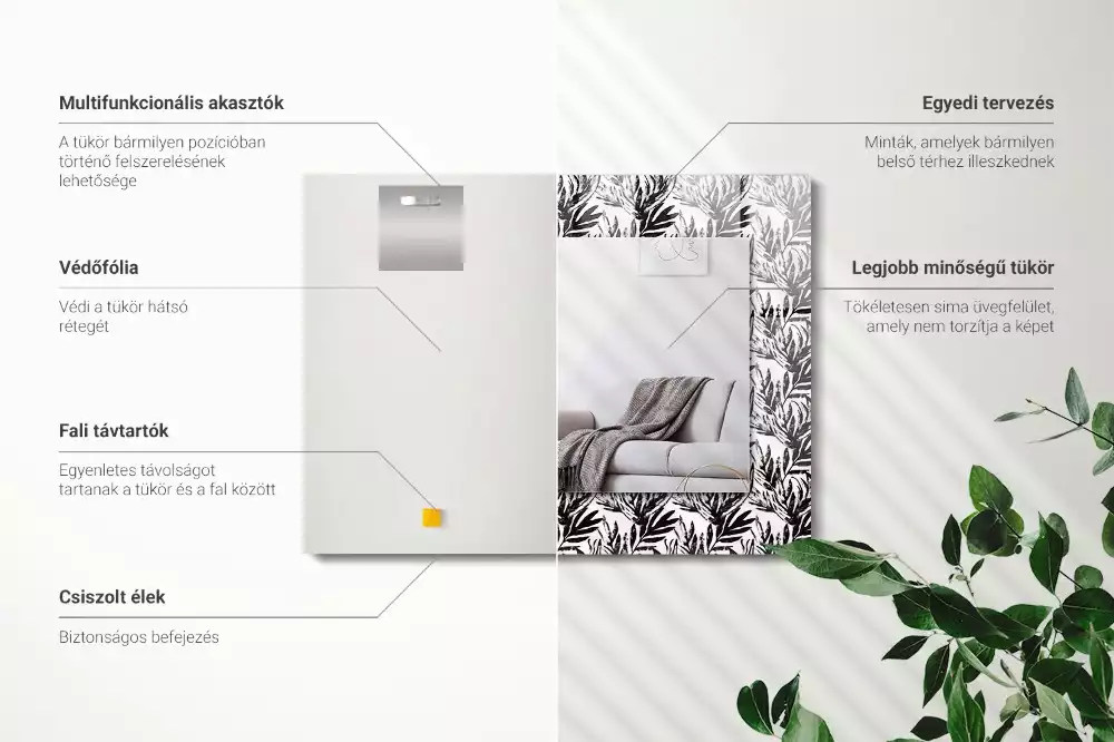 Négyszögletes fali tükör fekete-fehér leveles mintás díszítéssel