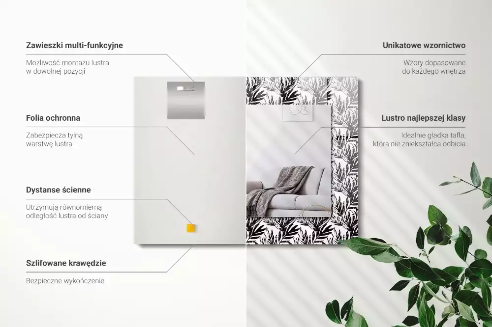 Négyszögletes fali tükör fekete-fehér leveles mintás díszítéssel