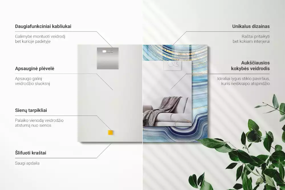 Négyszögletes díszes tükör absztrakt kék hullámmintával