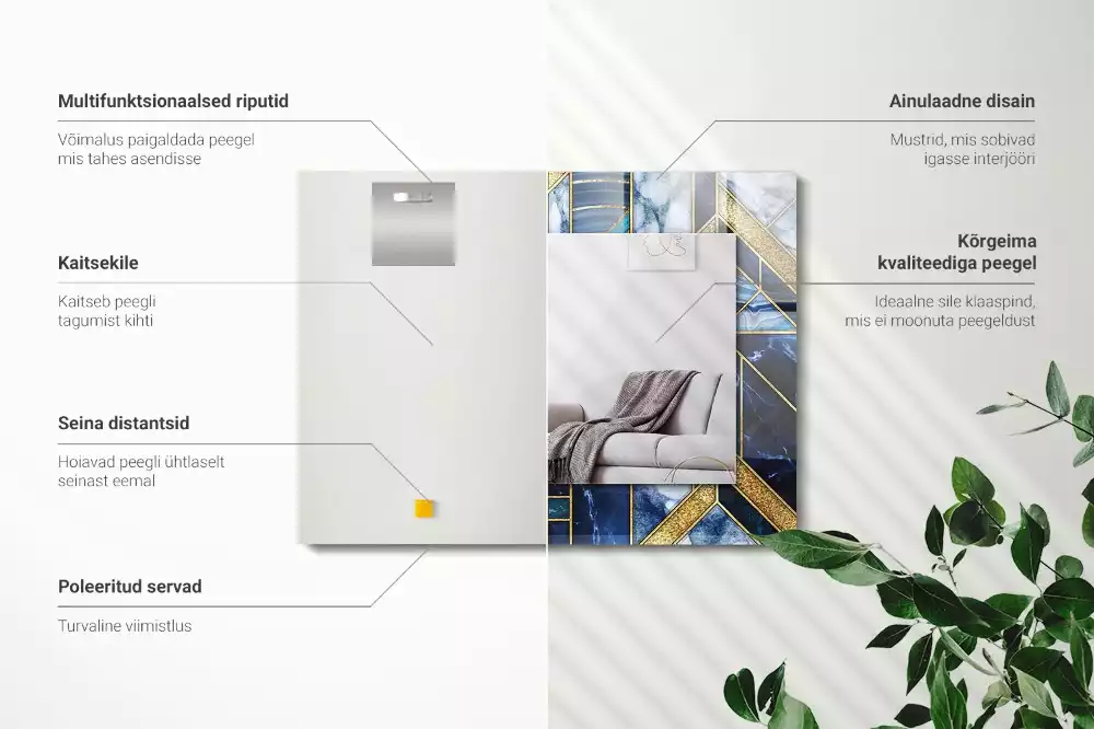 Négyszögletes tükör absztrakt geometriai mozaik díszítéssel