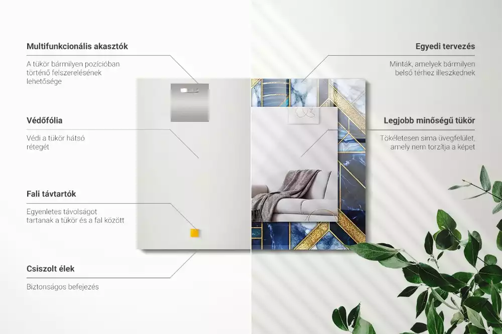 Négyszögletes tükör absztrakt geometriai mozaik díszítéssel