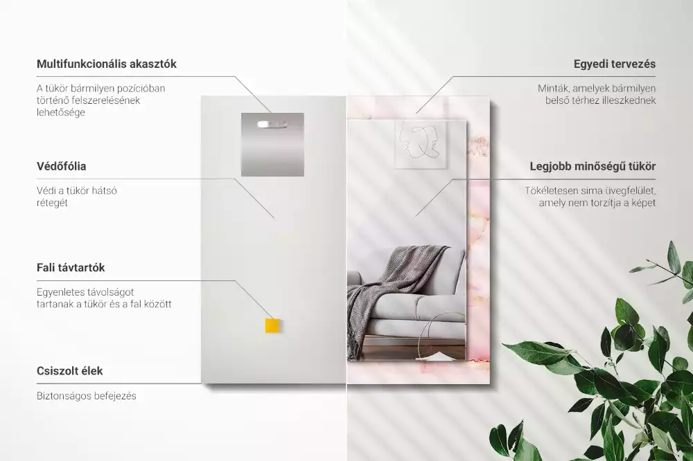 Négyszögletes fali tükör rózsaszín márványmintás kerettel