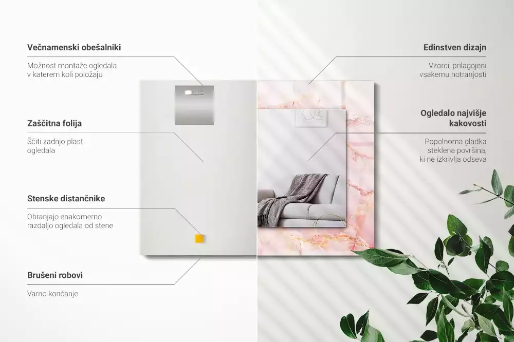 Négyszögletes fali tükör rózsaszín márványmintás kerettel