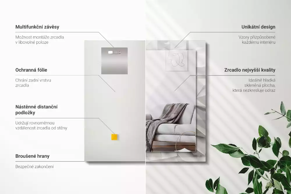 Négyszögletes tükör absztrakt geometriai díszítéssel