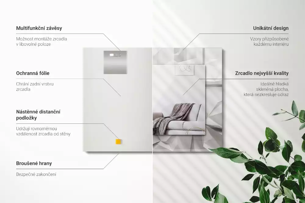 Négyszögletes tükör absztrakt geometriai díszítéssel