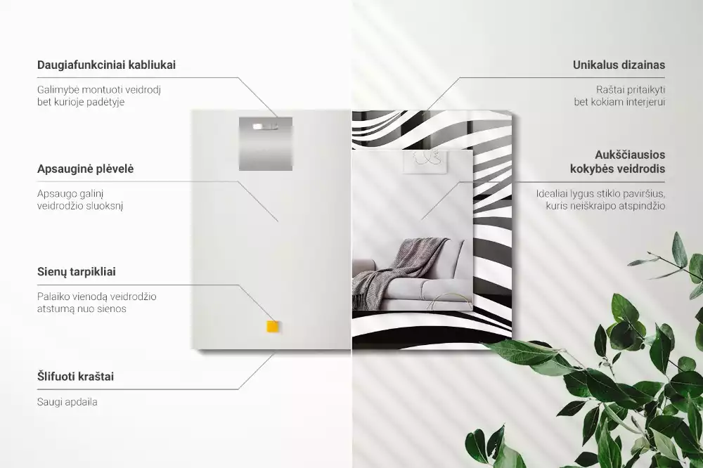 Fekete-fehér hullámos mintázatú négyszögletes dísztükör