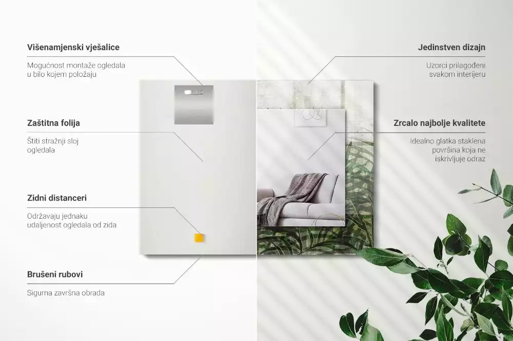 Négyszögletes díszes tükör zöld páfránylevél mintával