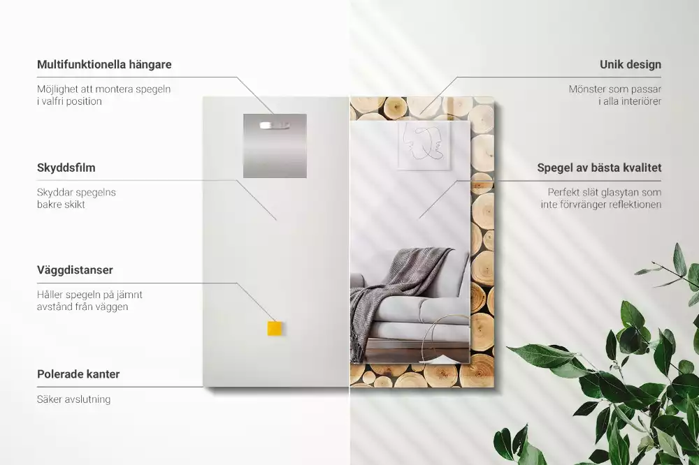 Négyszögletes fatörzs keresztmetszetekkel díszített tükör
