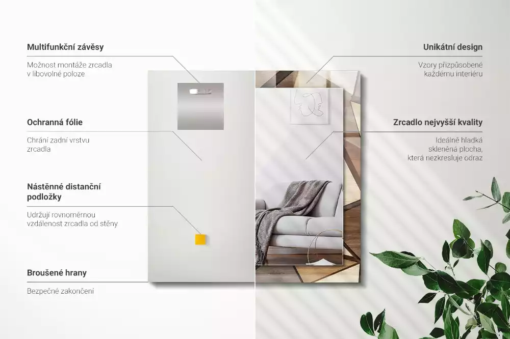 Négyszögletes fa dísztükör geometriai mintával