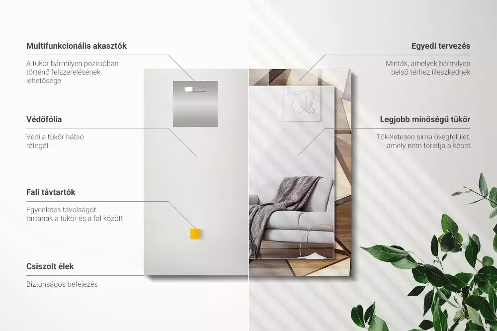 Négyszögletes fa dísztükör geometriai mintával