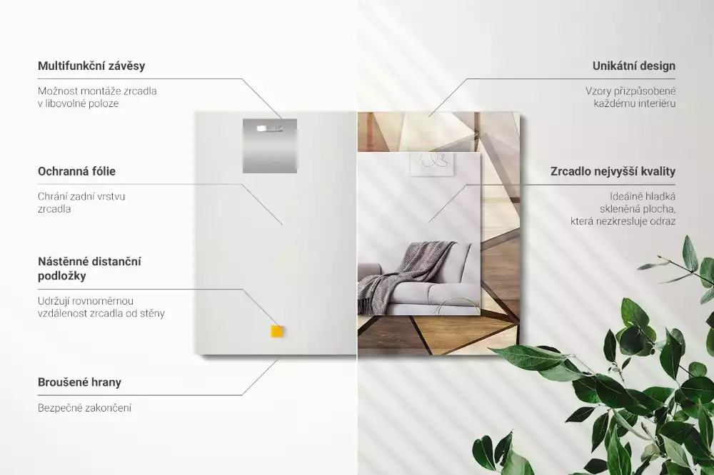 Négyszögletes fa dísztükör geometriai mintával
