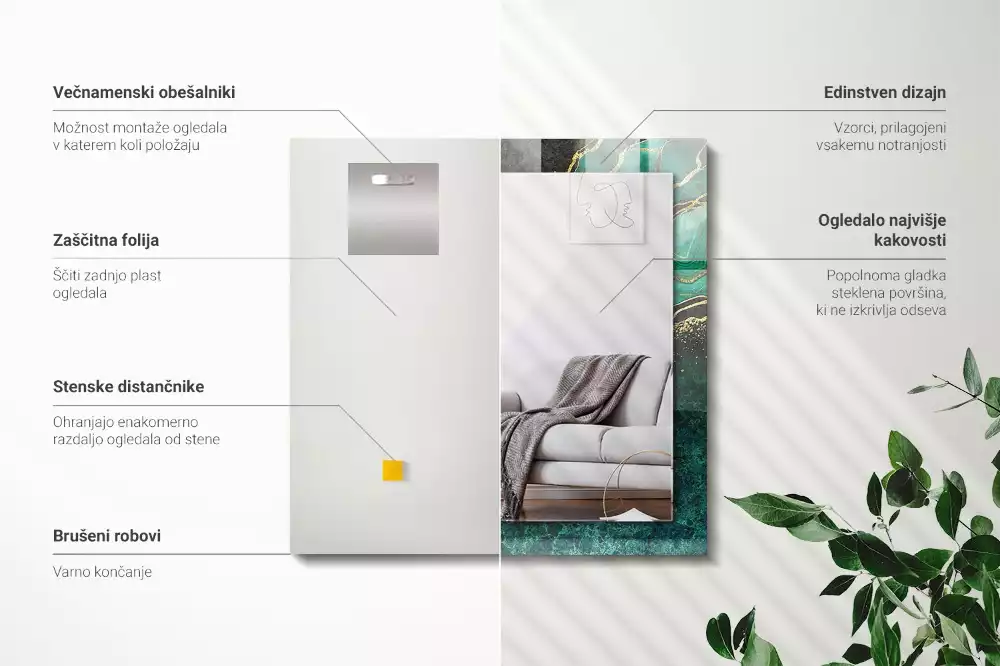 Négyszögletes fali tükör zöld absztrakt mintával