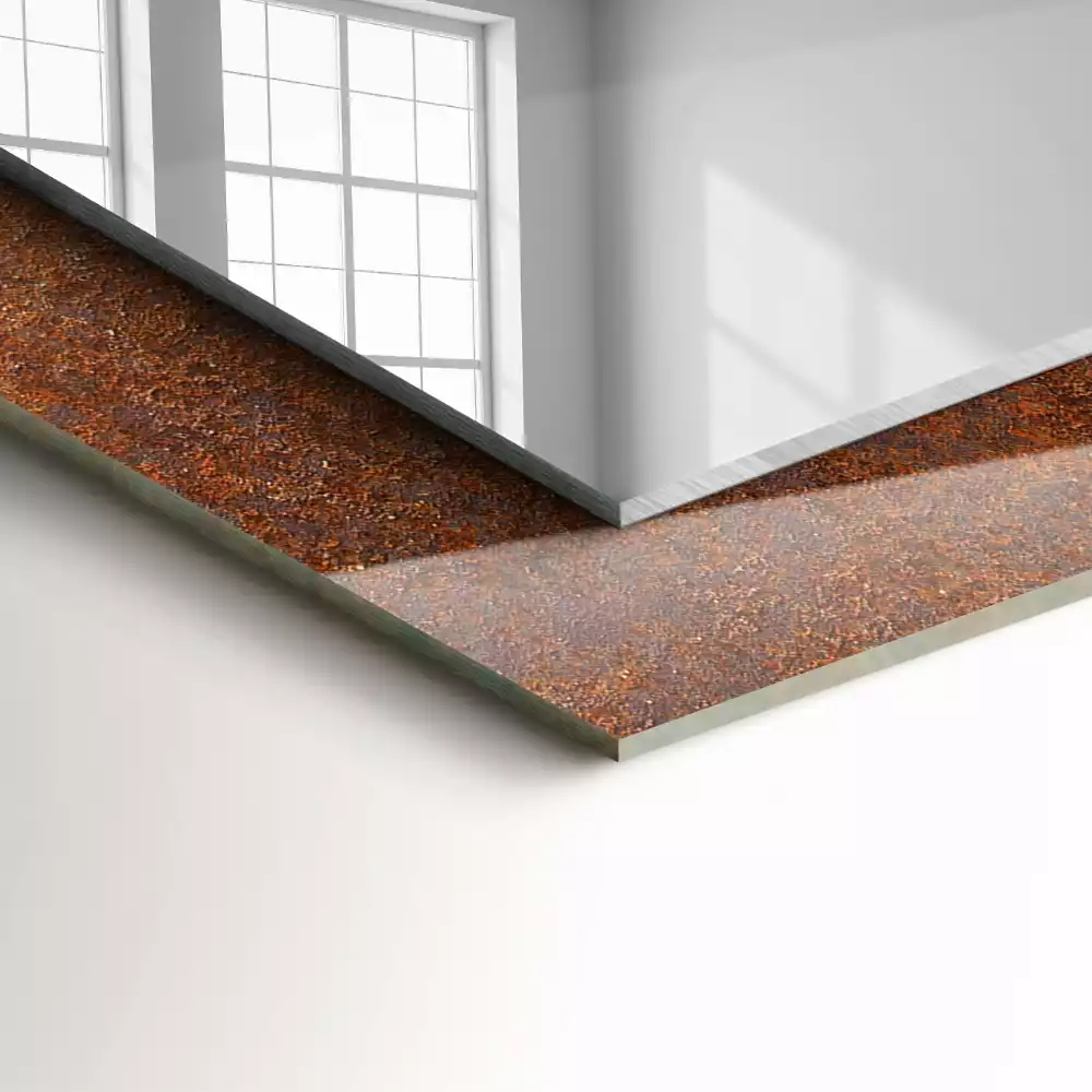 Négyszögletes rozsdás fémkeretes dísztükör