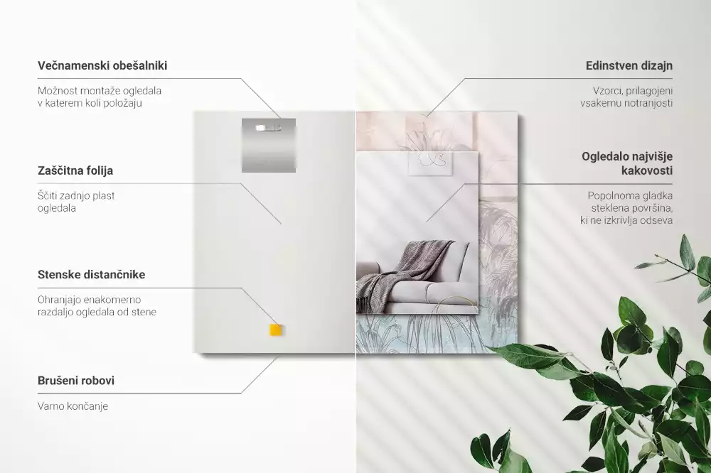 Négyszögletes dísztükör pasztell növények mintával