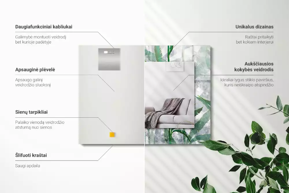 Négyszögletes tükör zöld levél mintás dísszel