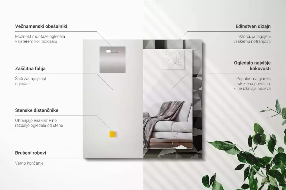 Négyszögletes díszes tükör fekete geometriai mintával