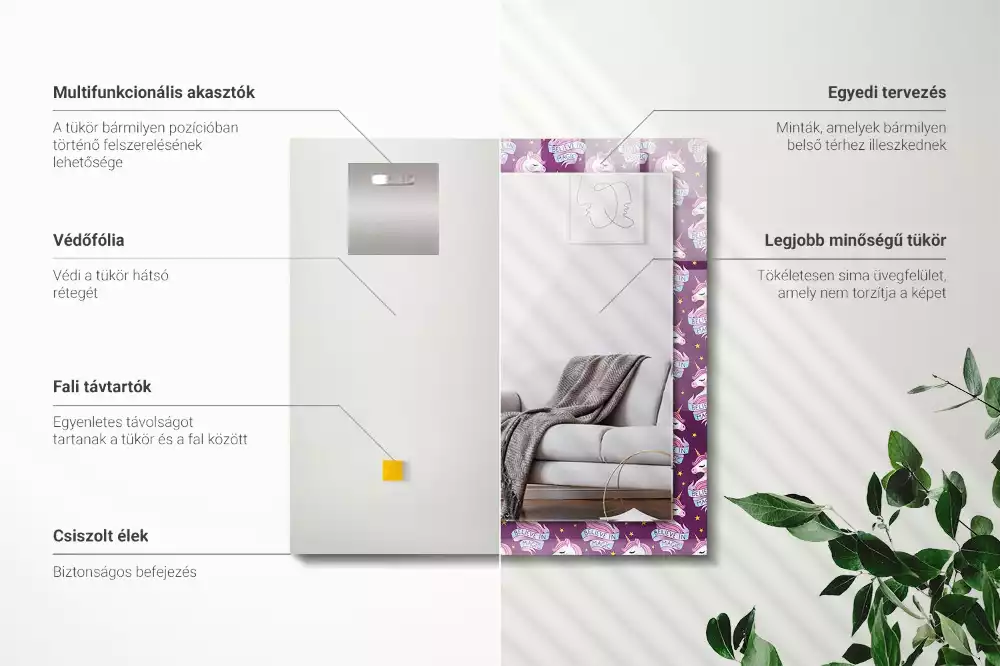Négyszögletes díszes tükör egyszarvúak és csillagok mintával