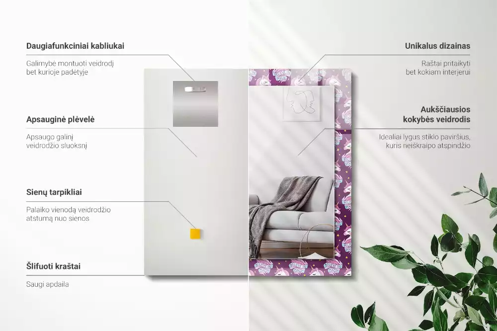 Négyszögletes díszes tükör egyszarvúak és csillagok mintával